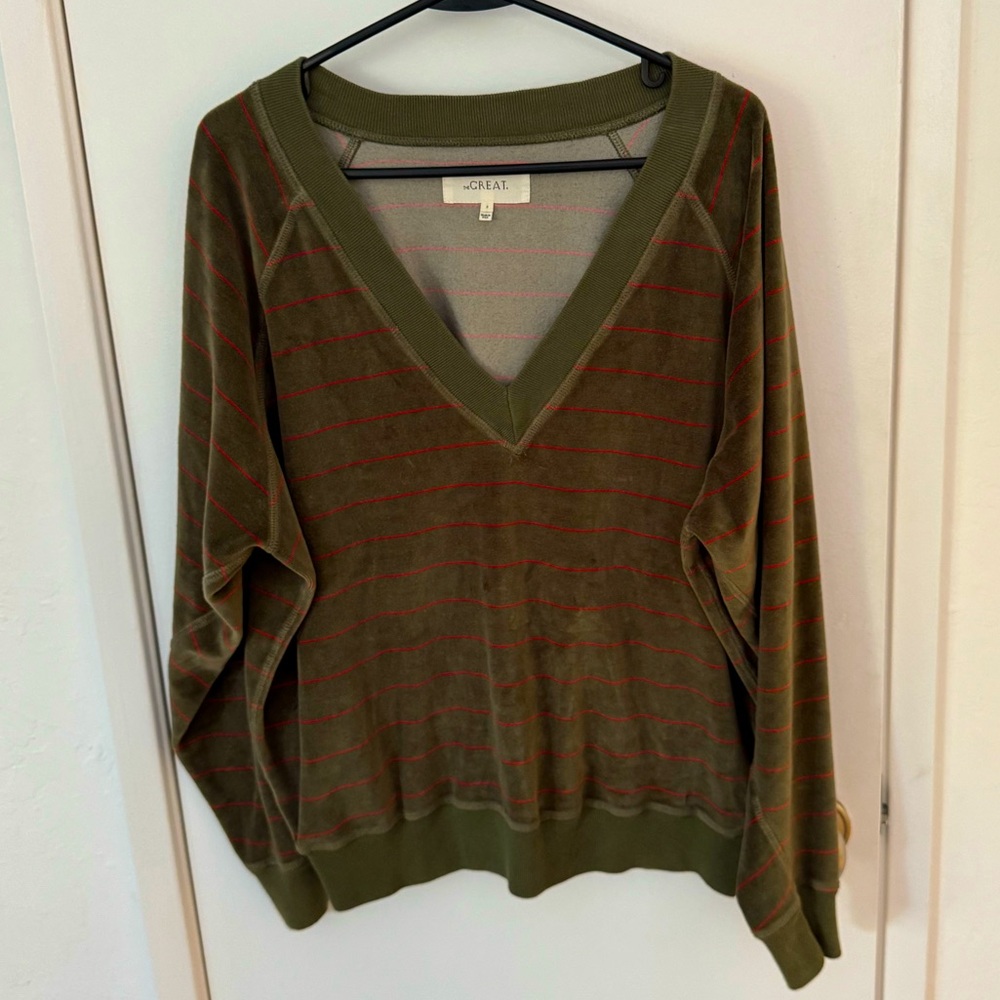 The Great Velour V- Neck Sweatshirt. Green and Red Stripe.